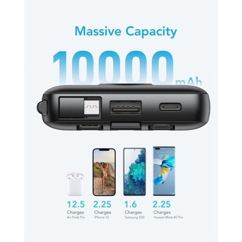 VEGER powerbank 10000 mAh z wbudowanymi kablami Micro USB / Typ C / Lightning C10 (W1116) czarny