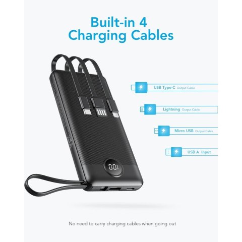 VEGER powerbank 10000 mAh z wbudowanymi kablami Micro USB / Typ C / Lightning C10 (W1116) czarny