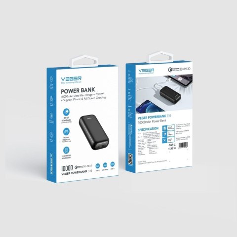 VEGER powerbank 10000 mAh PD QC3.0 3A 20W S10 (W1135) czarny VEGER powerbank 10000 mAh PD QC3.0 3A 20W S10 (W1135) czarny