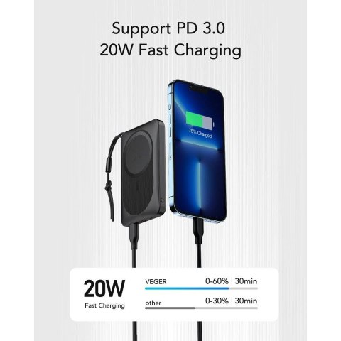 VEGER powerbank 10000 mAh z ładowaniem indukcyjnym kompatybilny z MagSafe PD QC3.0 2A 20W MagOn (VP1151 / W1151) czarny VEGER powerbank 10000 mAh z ładowaniem indukcyjnym kompatybilny z MagSafe PD QC3.0 2A 20W MagOn (VP1151 / W1151) czarny