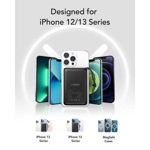 VEGER powerbank 10000 mAh z ładowaniem indukcyjnym kompatybilny z MagSafe PD QC3.0 2A 20W MagOn (VP1151 / W1151) czarny VEGER powerbank 10000 mAh z ładowaniem indukcyjnym kompatybilny z MagSafe PD QC3.0 2A 20W MagOn (VP1151 / W1151) czarny