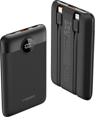 VEGER powerbank 10000 mAh z wbudowanymi kablami Typ C / Lightning PD QC3.0 2A 22,5W C11 (W1170) czarny
