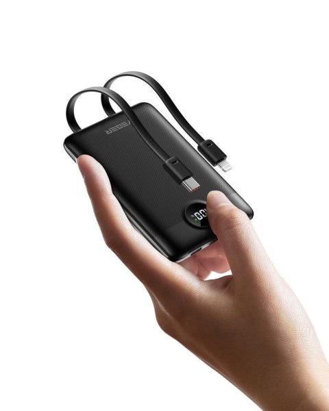 VEGER powerbank 10000 mAh z wbudowanymi kablami Typ C / Lightning PD QC3.0 2A 22,5W C11 (W1170) czarny VEGER powerbank 10000 mAh z wbudowanymi kablami Typ C / Lightning PD QC3.0 2A 22,5W C11 (W1170) czarny