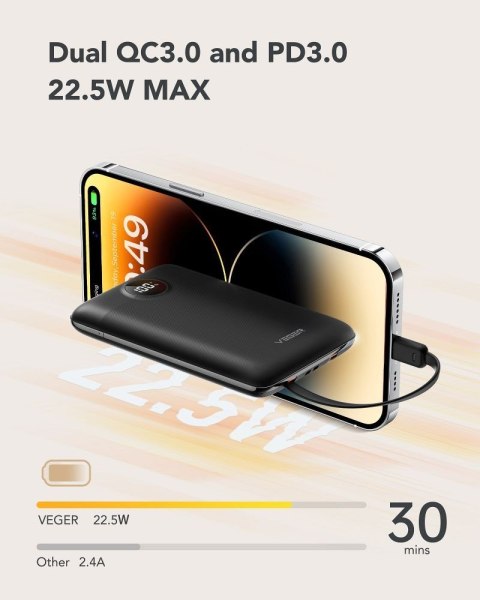 VEGER powerbank 10000 mAh z wbudowanymi kablami Typ C / Lightning PD QC3.0 2A 22,5W C11 (W1170) czarny VEGER powerbank 10000 mAh z wbudowanymi kablami Typ C / Lightning PD QC3.0 2A 22,5W C11 (W1170) czarny