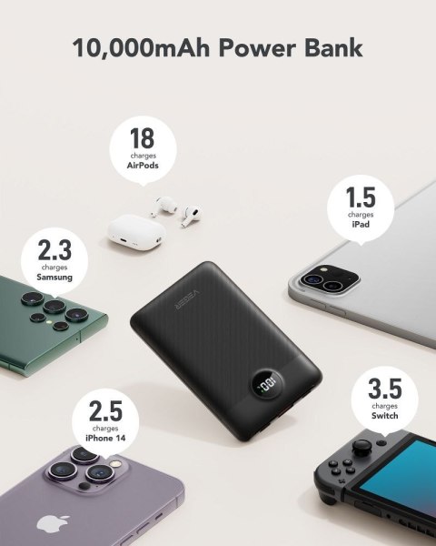 VEGER powerbank 10000 mAh z wbudowanymi kablami Typ C / Lightning PD QC3.0 2A 22,5W C11 (W1170) czarny VEGER powerbank 10000 mAh z wbudowanymi kablami Typ C / Lightning PD QC3.0 2A 22,5W C11 (W1170) czarny