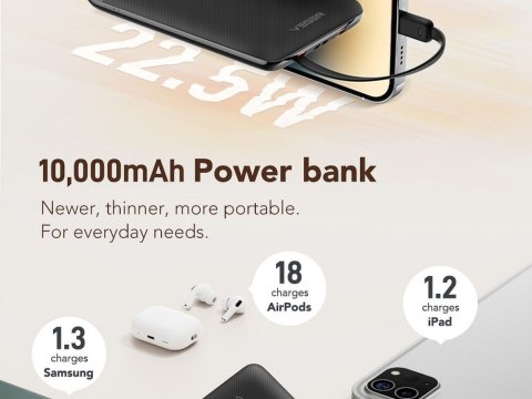 VEGER powerbank 10000 mAh z wbudowanymi kablami Typ C / Lightning PD QC3.0 2A 22,5W C11 (W1170) czarny VEGER powerbank 10000 mAh z wbudowanymi kablami Typ C / Lightning PD QC3.0 2A 22,5W C11 (W1170) czarny