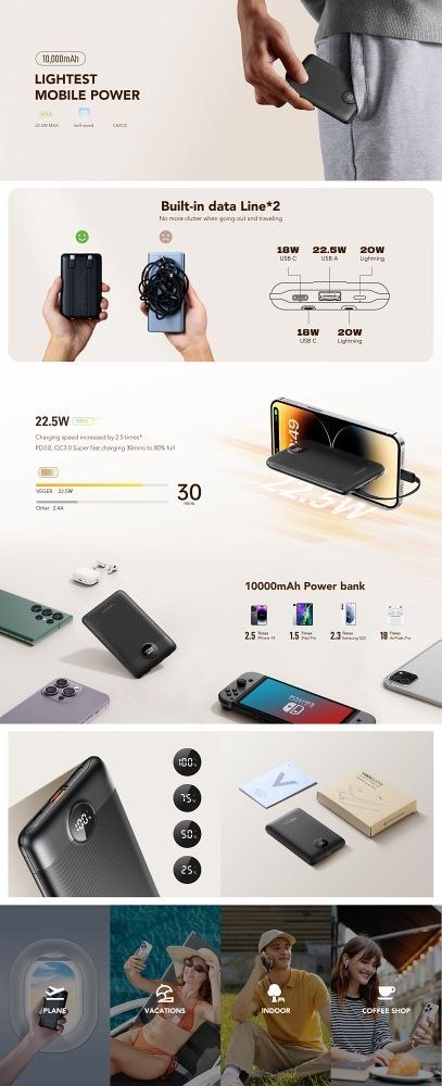 VEGER powerbank 10000 mAh z wbudowanymi kablami Typ C / Lightning PD QC3.0 2A 22,5W C11 (W1170) czarny VEGER powerbank 10000 mAh z wbudowanymi kablami Typ C / Lightning PD QC3.0 2A 22,5W C11 (W1170) czarny