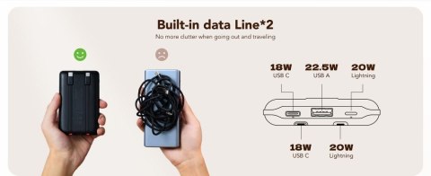 VEGER powerbank 10000 mAh z wbudowanymi kablami Typ C / Lightning PD QC3.0 2A 22,5W C11 (W1170) czarny VEGER powerbank 10000 mAh z wbudowanymi kablami Typ C / Lightning PD QC3.0 2A 22,5W C11 (W1170) czarny