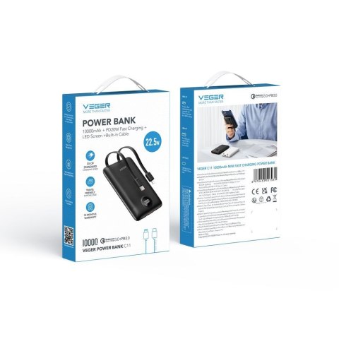 VEGER powerbank 10000 mAh z wbudowanymi kablami Typ C / Lightning PD QC3.0 2A 22,5W C11 (W1170) czarny VEGER powerbank 10000 mAh z wbudowanymi kablami Typ C / Lightning PD QC3.0 2A 22,5W C11 (W1170) czarny