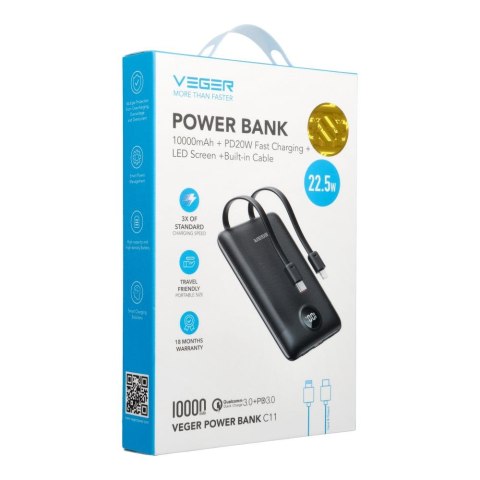 VEGER powerbank 10000 mAh z wbudowanymi kablami Typ C / Lightning PD QC3.0 2A 22,5W C11 (W1170) czarny VEGER powerbank 10000 mAh z wbudowanymi kablami Typ C / Lightning PD QC3.0 2A 22,5W C11 (W1170) czarny