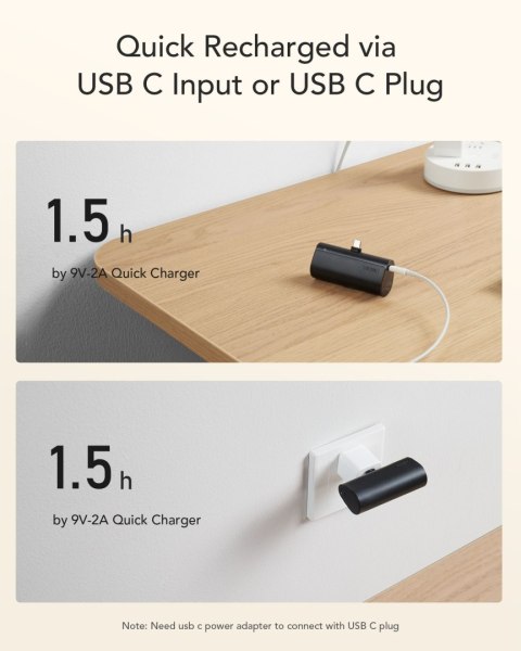 VEGER powerbank 5000 mAh z wbudowanym złączem Typ C PD QC3.0 3A 20W PlugOn (W0556/V0556) czarny