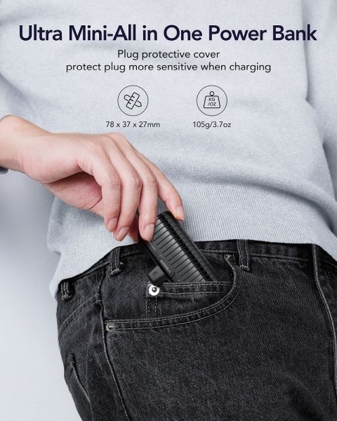 VEGER powerbank 5000 mAh z wbudowanym złączem Typ C PlugOn PD QC3.0 3A 20W W0558 czarny