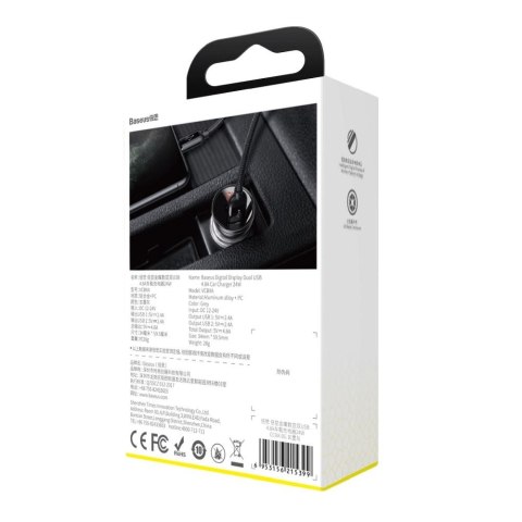 BASEUS ładowarka samochodowa 2 x USB A z wyświetlaczem 4,8A 24W CCBX-0G szara BASEUS ładowarka samochodowa 2 x USB A z wyświetlaczem 4,8A 24W CCBX-0G szara