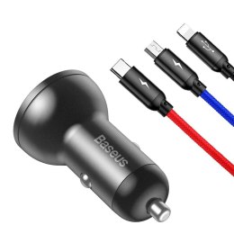 BASEUS ładowarka samochodowa 2 x USB A z wyświetlaczem + kabel 3w1 Micro USB / Lightning / Typ C 4,8A 24W TZCCBX-0G czarna