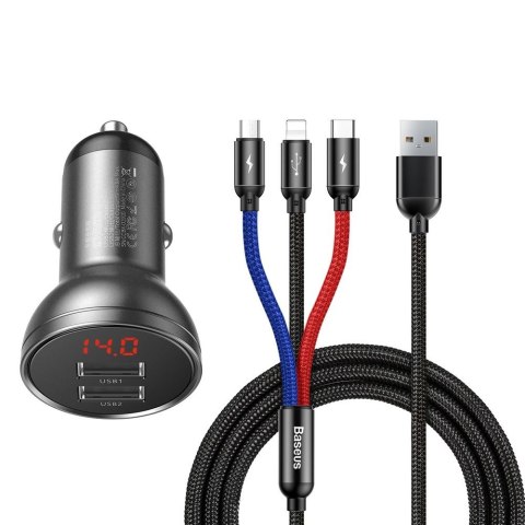 BASEUS ładowarka samochodowa 2 x USB A z wyświetlaczem + kabel 3w1 Micro USB / Lightning / Typ C 4,8A 24W TZCCBX-0G czarna BASEUS ładowarka samochodowa 2 x USB A z wyświetlaczem + kabel 3w1 Micro USB / Lightning / Typ C 4,8A 24W TZCCBX-0G czarna