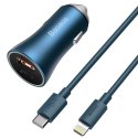 BASEUS ładowarka samochodowa USB A + Typ C + kabel Typ C do Ligthning PD QC4.0 3A 40W TZCCJD-03 niebieska