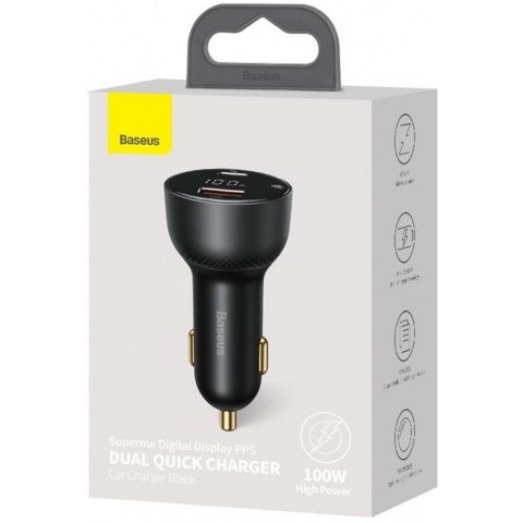 BASEUS ładowarka samochodowa USB A + Typ C z wyświetlaczem PD3.0 QC4.0 5A 100W CCZX-01 czarna BASEUS ładowarka samochodowa USB A + Typ C z wyświetlaczem PD3.0 QC4.0 5A 100W CCZX-01 czarna