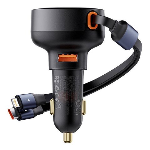 BASEUS ładowarka samochodowa USB A + kabel zwijany 2w1 Typ C / Lightning PD3.0 QC4.0 3A 60W CCTXP-UCL czarna
