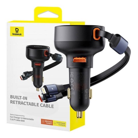 BASEUS ładowarka samochodowa USB A + kabel zwijany 2w1 Typ C / Lightning PD3.0 QC4.0 3A 60W CCTXP-UCL czarna BASEUS ładowarka samochodowa USB A + kabel zwijany 2w1 Typ C / Lightning PD3.0 QC4.0 3A 60W CCTXP-UCL czarna