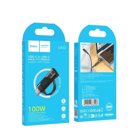 HOCO adapter Typ C (męski) do Typ C (żeński) z wyświetlaczem 5A 100W UA32 czarny HOCO adapter Typ C (męski) do Typ C (żeński) z wyświetlaczem 5A 100W UA32 czarny