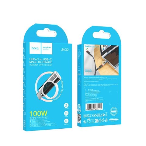 HOCO adapter Typ C (męski) do Typ C (żeński) z wyświetlaczem 5A 100W UA32 srebrny HOCO adapter Typ C (męski) do Typ C (żeński) z wyświetlaczem 5A 100W UA32 srebrny