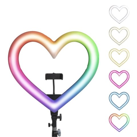 Lampa LED Ring Stream RGB pierścieniowa 10" FULL COLOR z uchwytem na telefon HEART + statyw JM26-10 czarna