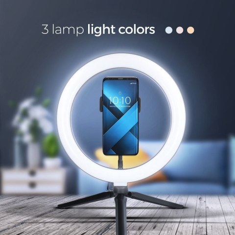 Lampa LED Ring Stream RGB pierścieniowa 10" z uchwytem na telefon + statyw czarna Lampa LED Ring Stream RGB pierścieniowa 10" z uchwytem na telefon + statyw czarna