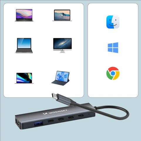 Hub USB-C 6 w 1 Wozinsky WHBC10Y4S wielofunkcyjny, aluminiowy, z kablem 15 cm - szary