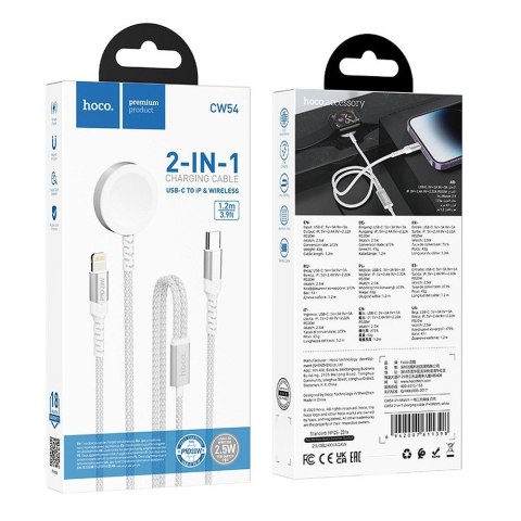 HOCO ładowarka indukcyjna 2w1 Typ C do Apple Watch + kabel ładowania Lightning PD QC 3A CW54 1,2 m biała HOCO ładowarka indukcyjna 2w1 Typ C do Apple Watch + kabel ładowania Lightning PD QC 3A CW54 1,2 m biała