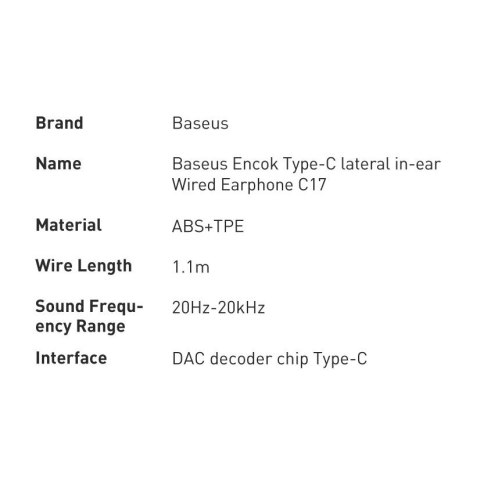 Baseus Encok C17 douszne słuchawki na kablu z mikrofonem USB-C - białe Baseus Encok C17 douszne słuchawki na kablu z mikrofonem USB-C - białe