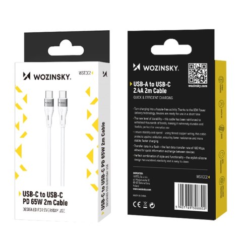 Kabel Wozinsky WSTCC2 USB-C / USB-C PD 65W 2 m - biały Kabel Wozinsky WSTCC2 USB-C / USB-C PD 65W 2 m - biały