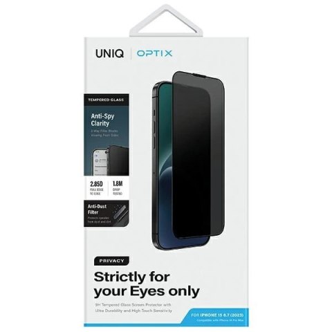 Szkło UNIQ Optix Privacy hartowane prywatyzujące na iPhone 15 Plus / 14 Pro Max z aplikatorem Szkło UNIQ Optix Privacy hartowane prywatyzujące na iPhone 15 Plus / 14 Pro Max z aplikatorem