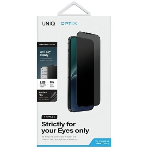 Szkło UNIQ Optix Privacy hartowane prywatyzujące na iPhone 15 Pro z aplikatorem Szkło UNIQ Optix Privacy hartowane prywatyzujące na iPhone 15 Pro z aplikatorem