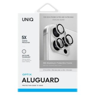 Szkło hartowane UNIQ Optix Aluminium Camera Lens Protector na aparat telefonu z aplikatorem do iPhone 16 Pro / 16 Pro Max - sreb