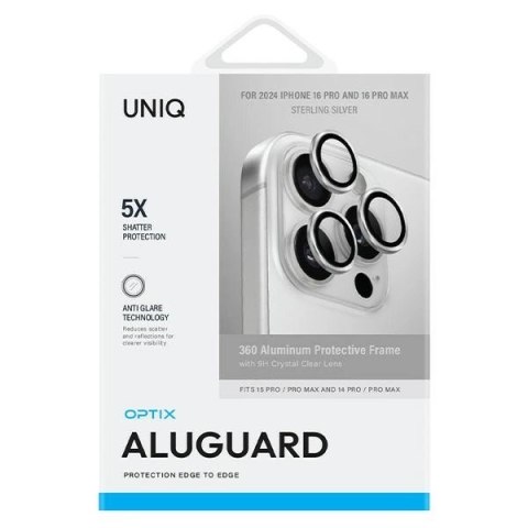 Szkło hartowane UNIQ Optix Aluminium Camera Lens Protector na aparat telefonu z aplikatorem do iPhone 16 Pro / 16 Pro Max - sreb