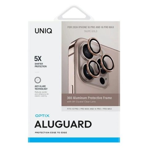 Szkło hartowane UNIQ Optix Aluminium Camera Lens Protector na aparat telefonu z aplikatorem do iPhone 16 Pro / 16 Pro Max - złot