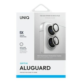 Szkło na aparat UNIQ Optix Aluminium Camera Lens Protector z aplikatorem na iPhone 16 / iPhone 16 Plus - srebrne