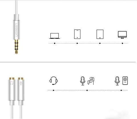 Ugreen kabel przewód rozdzielacz słuchawkowy 3,5 mm mini jack AUX mikrofon 20cm (mikrofon + wyjście stereo) srebrny (30619) Ugreen kabel przewód rozdzielacz słuchawkowy 3,5 mm mini jack AUX mikrofon 20cm (mikrofon + wyjście stereo) srebrny (30619)