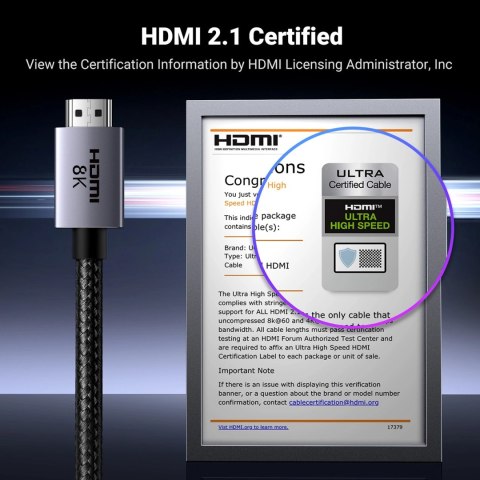 Kabel Ugreen HD171 25910 ze złączami HDMI 2.1 8K certyfikowany 2 m - szary Kabel Ugreen HD171 25910 ze złączami HDMI 2.1 8K certyfikowany 2 m - szary