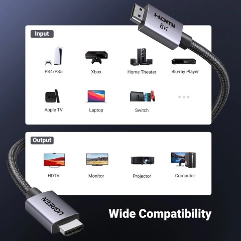 Kabel Ugreen HD171 25910 ze złączami HDMI 2.1 8K certyfikowany 2 m - szary Kabel Ugreen HD171 25910 ze złączami HDMI 2.1 8K certyfikowany 2 m - szary