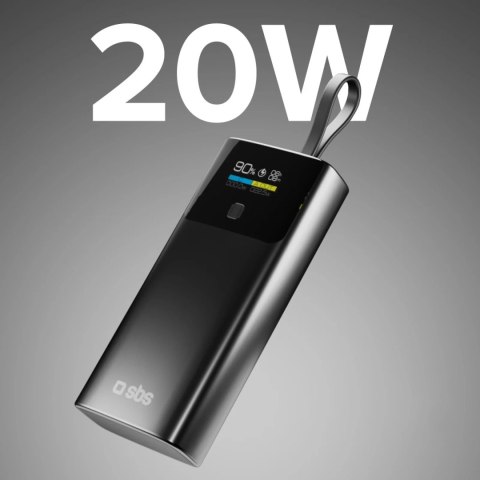 Powerbank SBS 10000mAh PD 20W z wyświetlaczem LCD i wbudowanym kablem USB-C - szary Powerbank SBS 10000mAh PD 20W z wyświetlaczem LCD i wbudowanym kablem USB-C - szary