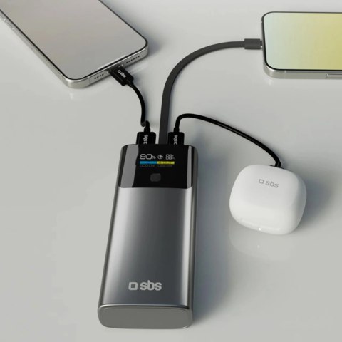 Powerbank SBS 10000mAh PD 20W z wyświetlaczem LCD i wbudowanym kablem USB-C - szary Powerbank SBS 10000mAh PD 20W z wyświetlaczem LCD i wbudowanym kablem USB-C - szary