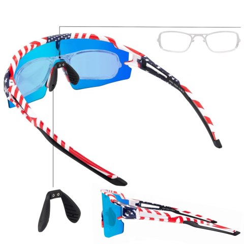 Okulary rowerowe Rockbros polaryzacyjne z ochroną UV i wkładką korekcyjną niebieskie szkła - wzór USA - białe Okulary rowerowe Rockbros polaryzacyjne z ochroną UV i wkładką korekcyjną niebieskie szkła - wzór USA - białe