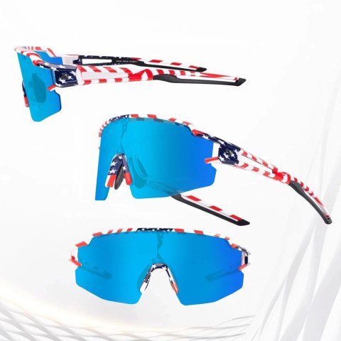 Okulary rowerowe Rockbros polaryzacyjne z ochroną UV i wkładką korekcyjną niebieskie szkła - wzór USA - białe Okulary rowerowe Rockbros polaryzacyjne z ochroną UV i wkładką korekcyjną niebieskie szkła - wzór USA - białe
