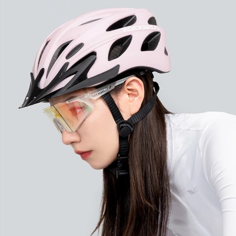 Kask rowerowy Rockbros z szybką, odpinane okulary z ochroną UV, odłączany daszek, unisex - różowy Kask rowerowy Rockbros z szybką, odpinane okulary z ochroną UV, odłączany daszek, unisex - różowy