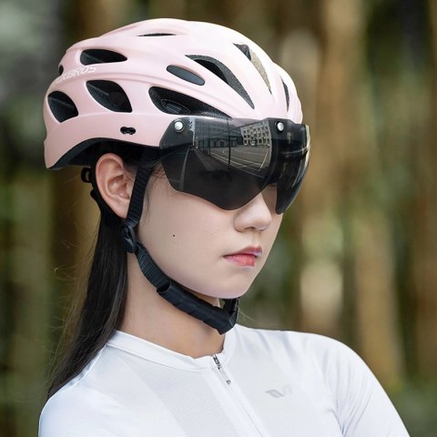 Kask rowerowy Rockbros z szybką, odpinane okulary z ochroną UV, odłączany daszek, unisex - różowy Kask rowerowy Rockbros z szybką, odpinane okulary z ochroną UV, odłączany daszek, unisex - różowy