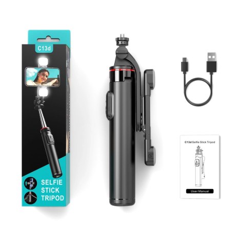 Selfie stick WC13YDS teleskopowy tripod 1.3m z podwójną lampą i uchwytem na telefon - czarny Selfie stick WC13YDS teleskopowy tripod 1.3m z podwójną lampą i uchwytem na telefon - czarny