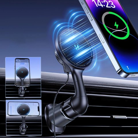 Uchwyt samochodowy Wozinsky WCT5-6S4Y z ładowarką indukcyjną Qi/MagSafe 15W na kratkę nawiewu - czarny Uchwyt samochodowy Wozinsky WCT5-6S4Y z ładowarką indukcyjną Qi/MagSafe 15W na kratkę nawiewu - czarny