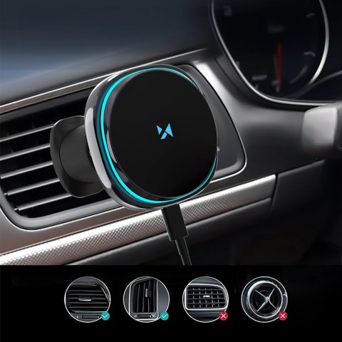 Uchwyt samochodowy Wozinsky WCT5-Q6S2Y z ładowarką indukcyjną Qi/MagSafe 15W na kratkę wentylacji z wentylatorem - czarny Uchwyt samochodowy Wozinsky WCT5-Q6S2Y z ładowarką indukcyjną Qi/MagSafe 15W na kratkę wentylacji z wentylatorem - czarny