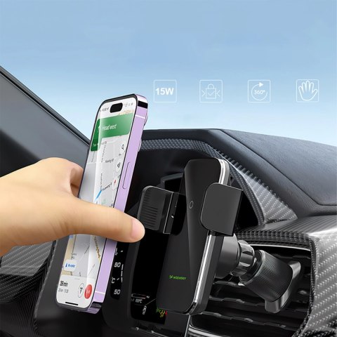 Uchwyt samochodowy Wozinsky WEDZ-3Y8S zaciskowy z ładowarką indukcyjną 15W do telefonu na kratkę nawiewu - czarny Uchwyt samochodowy Wozinsky WEDZ-3Y8S zaciskowy z ładowarką indukcyjną 15W do telefonu na kratkę nawiewu - czarny